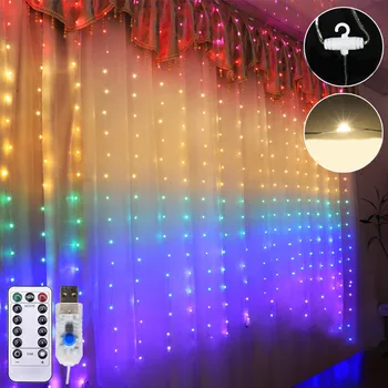 1.5 * 2M LED Rainbow Světlo Opona USB Osmi Režimu Funkce Víla Světla Řetězec Vánoční Svatba Večírek Krytý Venkovní Dekorace