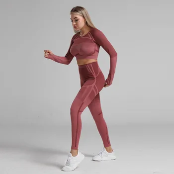 2 ks sportovní sady geo bezešvé dlouhý rukáv crop top cvičení jógy pro ženy fitness sportovní oblečení vysokým pasem bezešvé leginy sady