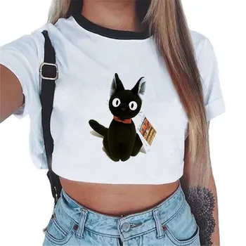 2019 Letní Módní Trička Ženy Crop Top Tričko Krásné Kočičí Téma Harajuku Tisku Bílé tričko s Krátkým Sleeeve O-Neck Topy