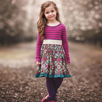 2019 NEW IN Dívky Módní Šaty Květinové Pastorační Styl Pruhované Šaty s Dlouhým rukávem Anglie Sladká Princezna Pro 3-12 Rok, Holka