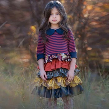 2019 NEW IN Dívky Módní Šaty Květinové Pastorační Styl Pruhované Šaty s Dlouhým rukávem Anglie Sladká Princezna Pro 3-12 Rok, Holka