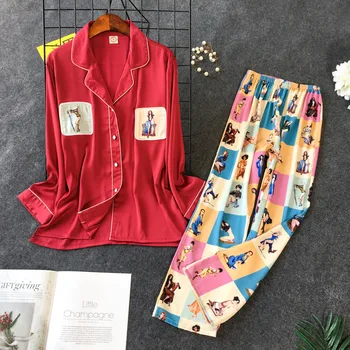 2019 Nový Tisk Pyžama Sada Žena Korejské Sladké Krásné Hedvábí Dlouhý Rukáv Kalhoty Twinset Pijama