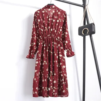2020 Nové Letní Ženy Ležérní Šaty Pase Skládaný Květinové Tisk Šifon Šaty Dlouhý Rukáv Vintage Vestidos Plášť