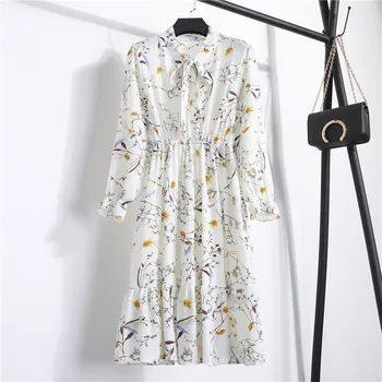 2020 Nové Letní Ženy Ležérní Šaty Pase Skládaný Květinové Tisk Šifon Šaty Dlouhý Rukáv Vintage Vestidos Plášť