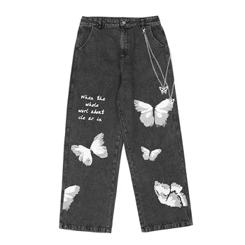 2020 Nové Vintage Džíny Pánské Butterfly Print Dlouhé Kalhoty Harajuku Hip hop Streetwear Džínové Kalhoty Podzim Jean Hiphop WY183