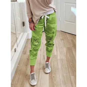 2020 Podzim Elastický Pas Loose Tisk Široký Nohou Kalhoty pro Ženy Směs Bavlny Barva Zelená Vánoční Kalhoty