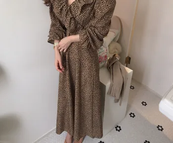 2020 Podzim korejský Leopard tisk Šaty pro Ženy Plný Rukáv Volánky Límec Skládaný-line Šaty Vintage Elegantní Vestidos