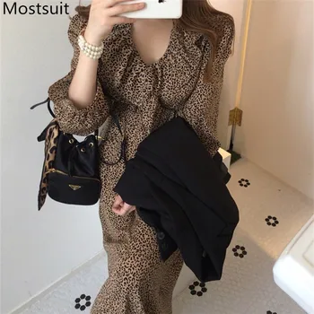 2020 Podzim korejský Leopard tisk Šaty pro Ženy Plný Rukáv Volánky Límec Skládaný-line Šaty Vintage Elegantní Vestidos