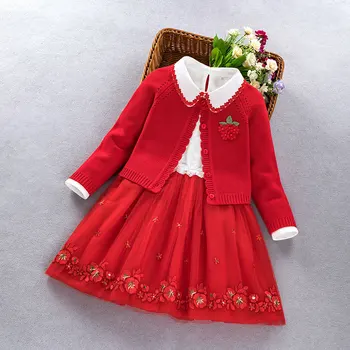 2020 Podzim Nové dívčí Bavlněný Svetr s Dlouhým Rukávem Šaty 2ks Sada Oblečení Děti je Princezna Mesh Flower Šaty Svetr Oblečení