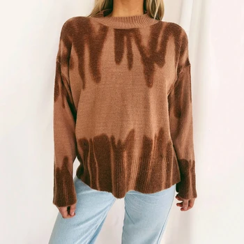 2020 Podzim nové Ženy Barva Přechodu Tie-Dye sweater Loose Vítr Pletené Tištěné Streetwear Svetr Vintage Crop Top