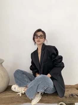 2020 Podzimní dámské oblečení nové černé saténové sako vintage solidní korejský stylte ležérní volné sako trend fashioin