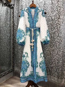 2020 Podzimní Módní Dlouhé Vysoce Kvalitní Šaty Ženy V-Neck Elegantní Květina Tisk String Pás Patchwork Dlouhý Rukáv Modré Maxi Šaty