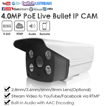 4.0 MP IR PoE Starlight Plastové Vodotěsné Live Streaming IP Kamery, Push Live Video na YouTube/Facebook pomocí RTMP W/Audio