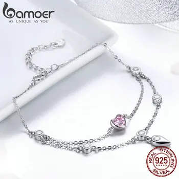 BAMOER Romantické Nové 925 Sterling Silver Sladké Růžové Srdce CZ Double Vrstvy Náramky pro Ženy Stříbro Šperky SCB090