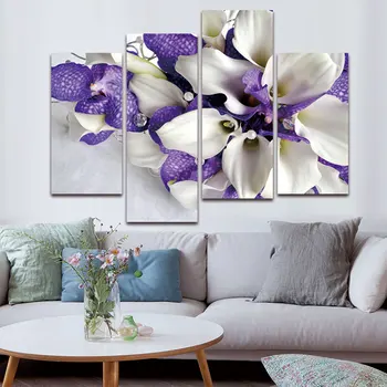 BANMU 4 Panely Fialové&Bílý Iris Wall Art Malířské Plátno Nordic Květinové Plakát Home Dekor pro Obývací pokoj Dekorace