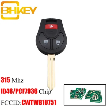 BHKEY 315Mhz ID46 Čip Transponder Pro NISSAN 2+1Buttons Vzdálené klíče od Auta Pro NISSAN Qashqai Sunny Sylphy Tiida X-Trail CWTWB1U751