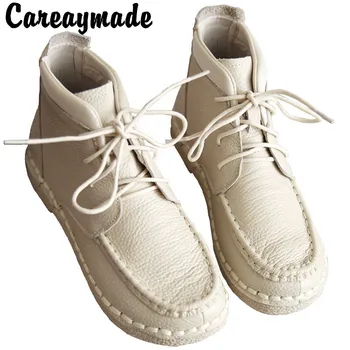 Careaymade-Japonské dámské ručně šité krátké boty dámské kožené ploché dno, kulatá hlava krajka up ležérní boty měkké dno