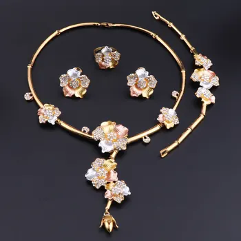 CYNTHIA Luxusní Dubaj Šperky Soupravy Crystal Náhrdelník Zlatý Prsten, Náušnice, Náramek pro Ženy, Svatební Šperky Set Příslušenství Dárky