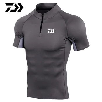 Daiwa Oblečení Rybářské Tričko Muži, Prodyšný Rychlé Suché Rybářské Oblečení Outdoorové Oblečení Krátký Rukáv Sportovní Tričko na Zip T-shirt