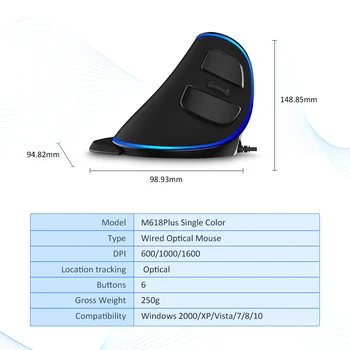 Delux M618 Plus Ergonomická Vertikální drátová Myš 1600 DPI, 6 Tlačítek Modré led světlo Počítačových myší s Palm Zbytek pro PC Office