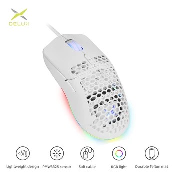Delux M700 Bílý 67g Nový Lehký Drátový Herní Myš RGB Světlo Honeycomb Duté Design 7 Tlačítek Plně Programovatelná 16000DPI