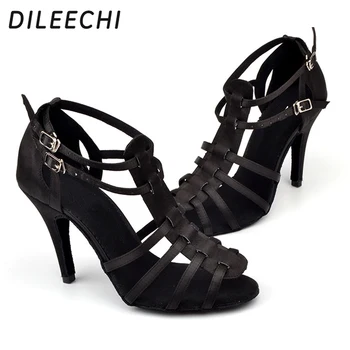 DILEECHI Dámské Latin taneční boty Černé Saténové Pohodlné Taneční Boty latina Pro Ženy, Výška Podpatku 10 cm