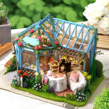 DIY Dřevěné 3D Miniaturní LED Tea House Domeček pro panenky Sestavení Modelu Toy Doll Příslušenství, Děti, Dárky k Narozeninám