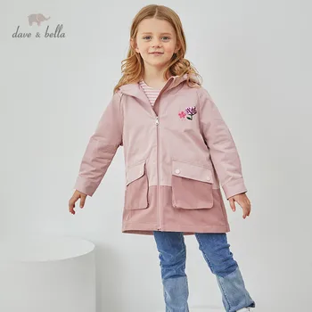 DKH14230 dave bella podzimní dětské dívčí módní květinové kapsy na zip s kapucí kabát roztomilé děti topy vysoce kvalitní svrchní oblečení