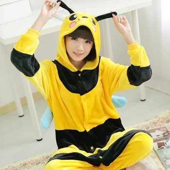Dospělé Zvíře Kigurumi Včelí Pyžamo Sady Oblečení Na Spaní Cosplay Zip Dupačky S Kapucí Ženy Muži Zimní Unisex Karikatura Pyžamo