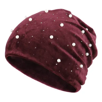Dámské nakoupila čepice Beanies Nový Pearl Drahokamu Sametové Slouchy Beanie Hat pro Ženy Zimní Silné Velurové Kukla Klobouk