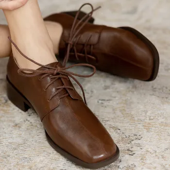 Dámské pravé kůže náměstí toe lace-up byty sandály pro volný čas měkké pohodlné retro příležitostné denní ženy ležérní obuv boty
