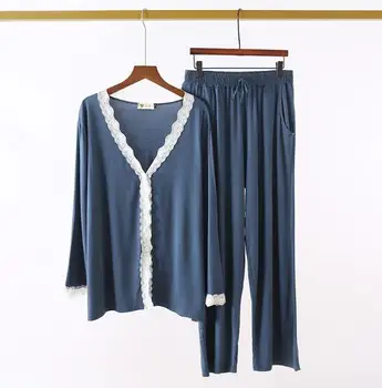 Dámské pyžama podzim zima velké velikosti modální v-neck krajky svetr kalhoty pyjama set ležérní domácí oblečení dvoudílné pyžamo oblek