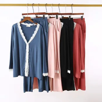 Dámské pyžama podzim zima velké velikosti modální v-neck krajky svetr kalhoty pyjama set ležérní domácí oblečení dvoudílné pyžamo oblek