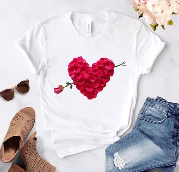 Dámské tričko Srdce květinové tisk dámy T-shirt O-límec dámské ležérní bílé krátký rukáv dámy T-shirt láska grafický tisk
