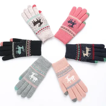 Dívky rukavice Vánoce a zimní pletené teplé rukavice velkoobchod dospělé kreslený jelen dotykové obrazovky rukavice