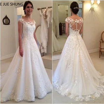 E JUE SHUNG Bílé Vintage Krajky Nášivky Svatební Šaty Roku 2020 Čirá Zadní Víčko Rukávy Levné Svatební Šaty vestidos de novia