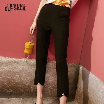 ELFSACK Černé Perly Vroubkované Elastické Skinny Kalhoty Ženy 2020 Jaře Čisté Nepravidelné Lem Dámské Ležérní Denní Kalhoty