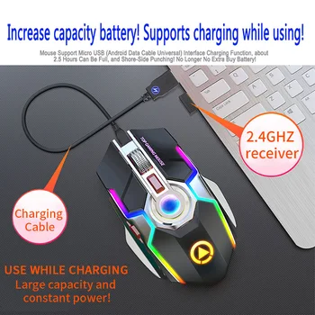 Herní Myš Dobíjecí Bezdrátová Myš Silent 1600 DPI Ergonomický 7 Klíče RGB LED Podsvícený 2.4 G USB Optická, Pro Notebook