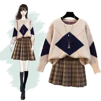 ICHOIX kostkovaná mini sukně 2 dílná sada ženy zimní oblečení pletený svetr, dva kus oblečení ležérní korejský student 2 dílná sada
