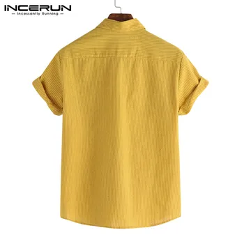 INCERUN Letní Módní Pánské Tričko Pruhované Klopě Krk Volný Prodyšný Krátký Rukáv Topy 2021 Obchodní Značky Košile Muži Camisa 5XL