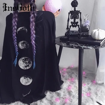 InsGoth Černé Pláště Kabát Vintage Měsíc Tisk Gotické Volné Ženy Batwing Oboustranný Šál Dlouhý Rukáv Cape Podzim Ženy Oblečení