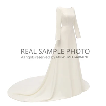Jednoduchý satén s hlubokým Výstřihem Dlouhý Rukáv venkovní svatební šaty Svatební Šaty v reálném vzorku photo factory
