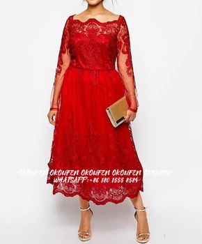 Krajka Červená Matku Nevěsty Ženicha, Šaty pro Svatební Plus Velikost Mide-Line Iluze Dlouhý Rukáv Skromný Svatební Party Šaty