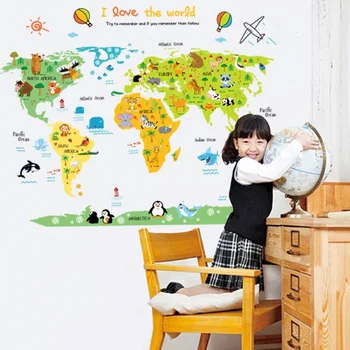 Kreslená mapa světa DIY PVC Samolepicí Vinylové Samolepky na Zeď Ložnice Domácí Dekor pro Děti Pokoje Dekorace Art Wall Decal Nástěnná malba