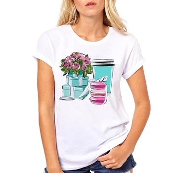 Kreslený Káva Rádi Roztomilé Letní Top Ženy T Košile Harajuku Estetické Vrcholy Streetwear O-Neck Krátké Šaty Nové Dámské tričko