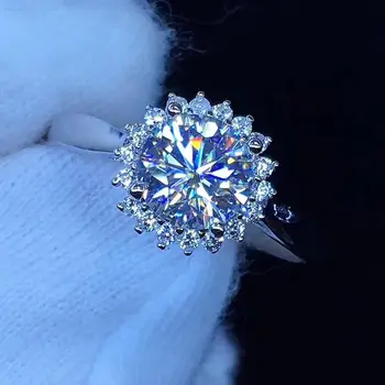 Kulaté Stříbrné Moissanite Prsten 1ct D VVS Luxusní Moissanite Weding Prsten pro Ženy