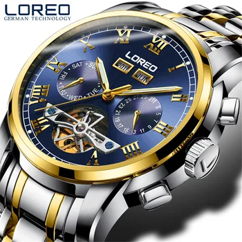 LOREO Luxusní Tourbillon Série Automatické Mechanické Hodinky Muži Self Vítr z Nerezové Oceli Gold Světelný Auto Datum Náramkové hodinky