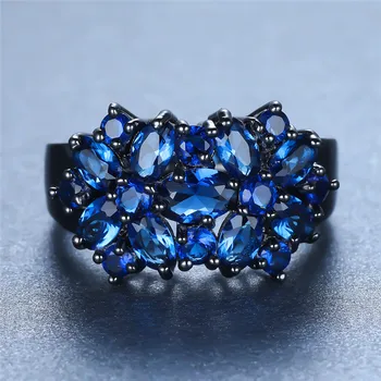 Luxusní Ženské Modré Crystal Flower Velký Prsten Vintage případů ze 14KT Černé Zlato Snubní Prsteny Pro Ženy Unqiue Nevěsta Láska Zásnubní Prsten