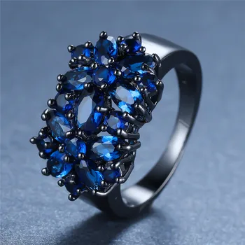 Luxusní Ženské Modré Crystal Flower Velký Prsten Vintage případů ze 14KT Černé Zlato Snubní Prsteny Pro Ženy Unqiue Nevěsta Láska Zásnubní Prsten