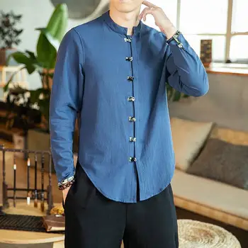 M-5XL Plus Velikosti Vintage Pánské Office Košile Dlouhý Rukáv Čínský Límec Jednoho Breasted Lněné Košile Pro Muže Podzim Streetwear